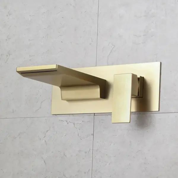 Sleek Brushed Gold Wall Mounted Single Lever Handle Waterfall Bathroom Basin Tap - Image 3