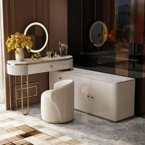 Oboval Modern Marble Top Makeup Vanity Dressing Table with Corner Cabinet