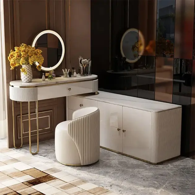 Oboval Modern Marble Top Makeup Vanity Dressing Table with Corner Cabinet