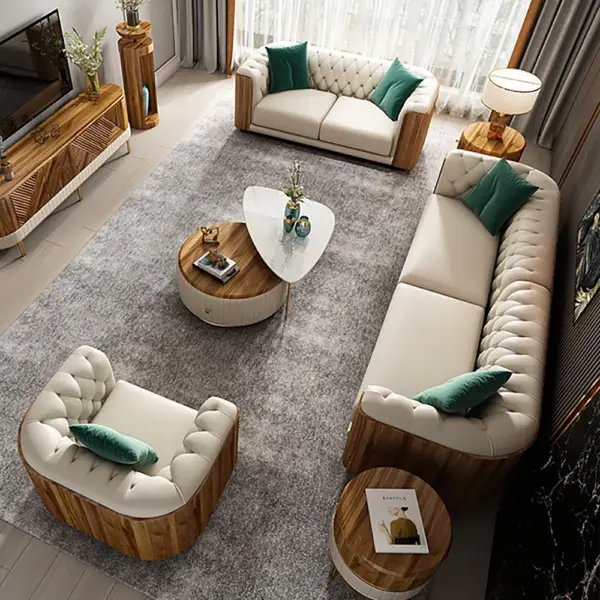 Wovent Modern Beige Faux Leather Tufted Sofa & Loveseat Living Room Set of 3 - Image 3
