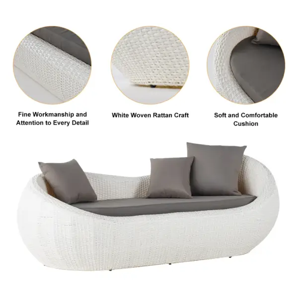White Woven Rattan Round 1910mm Outdoor Sofa with Cushion & Pillow and Curved Back - Image 14