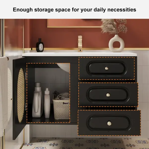 800mm Black Floating Bathroom Vanity Undermount Ceramic Sink with Rattan Door Cabinet - Image 10