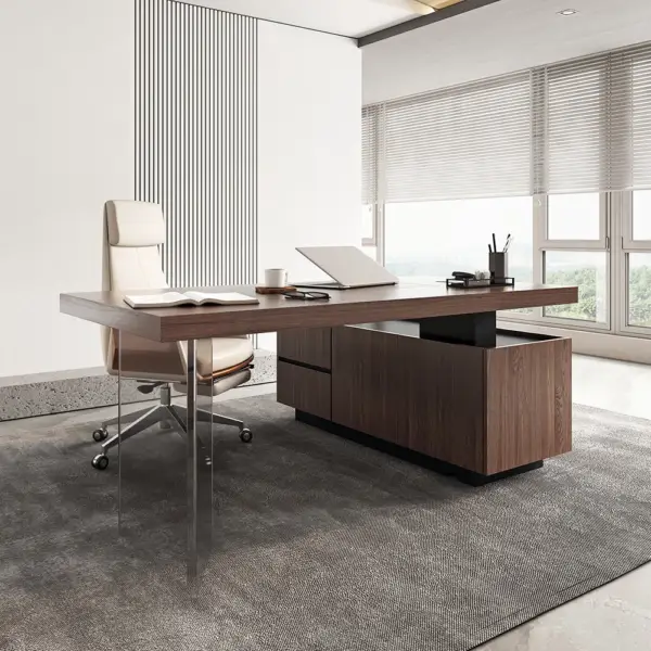 1815mm Modern Walnut Standing L-Shape Desk with Side Cabinet and lifter Desktop - Image 5