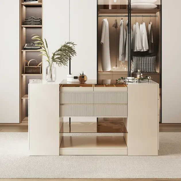 Modern Off White Dresser with Doors & Drawers Walk in Closet Island Jewelry Storage