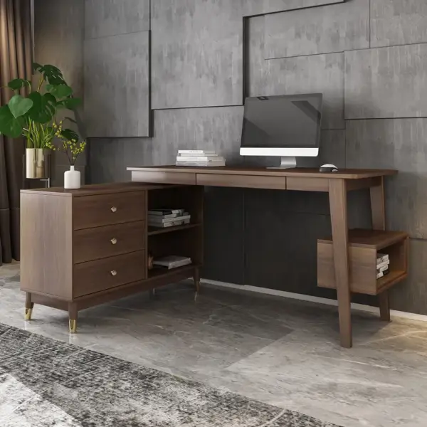 Ultic Walnut L Shaped Home Office Desk Wooden Computer Desk with Storage Drawers & Shelf - Image 6