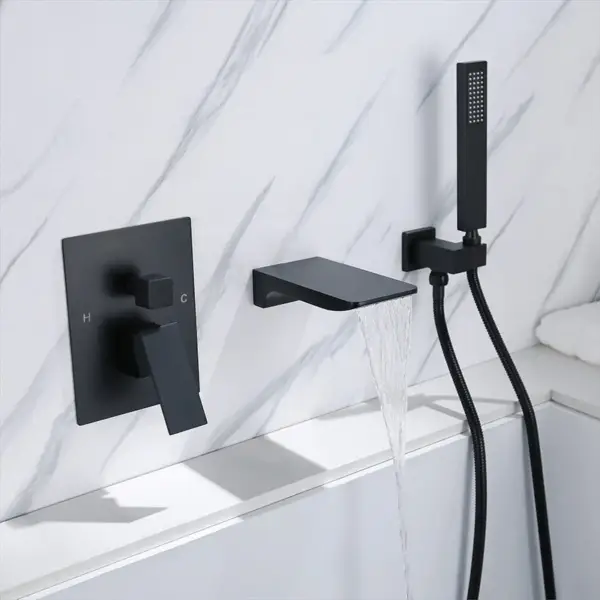Wall Mounted Waterfall Bath Filler Mixer Tap Matte Black with Hand Shower - Image 5