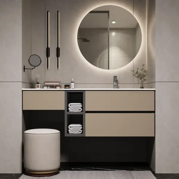 1000mm Modern Floating Bathroom Vanity Set with Single Basin & a Makeup Counter in Khaki - Image 2
