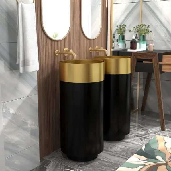 Gold & Black Modern Luxury Round Stainless Steel Basin Pedestal Basin Freestanding - Image 2