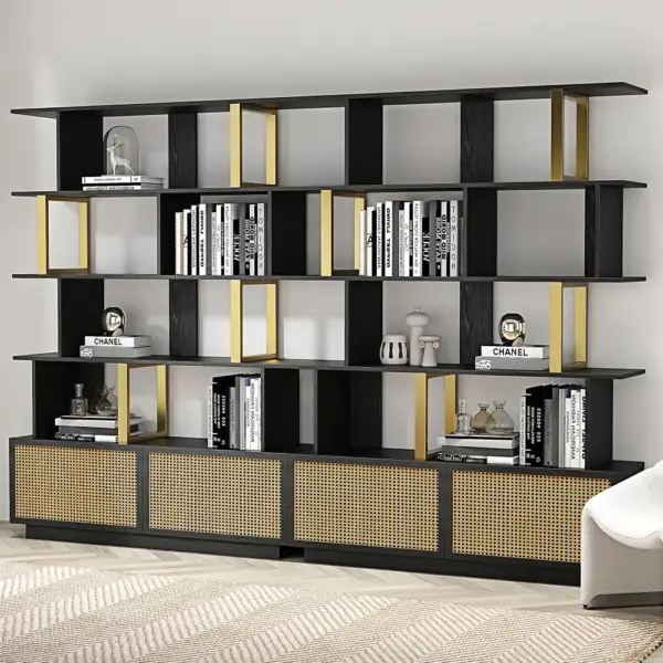 5-Tier Black Wood Bookshelf with 2 Doors Modern Bookcase in Gold Finish - Image 5