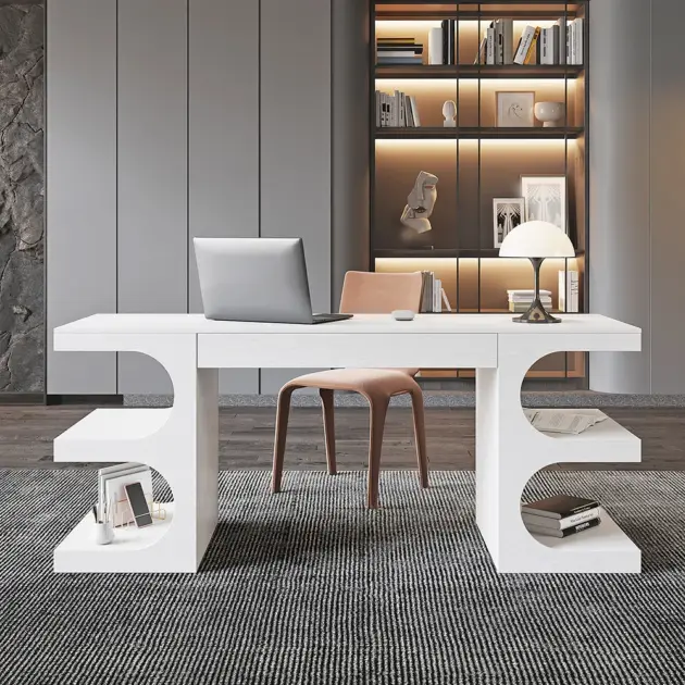 1630mm White Wooden Writing Desk Modern Office Desk with 1 Drawer & 4 Open Shelves