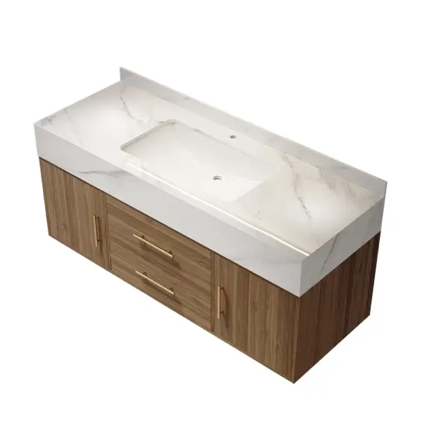 1000mm Walnut Floating Bathroom Vanity Set Stone Top Wall Mounted Bathroom Cabinet - Image 8
