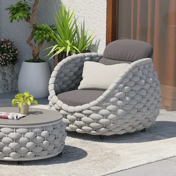 Tatta Modern Outdoor Swivel Chair 360 Degree Rotatable Gray Woven Rope Armchair Sofa