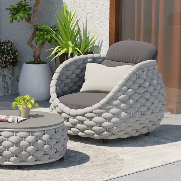 Tatta Modern Outdoor Swivel Chair 360 Degree Rotatable Gray Woven Rope Armchair Sofa