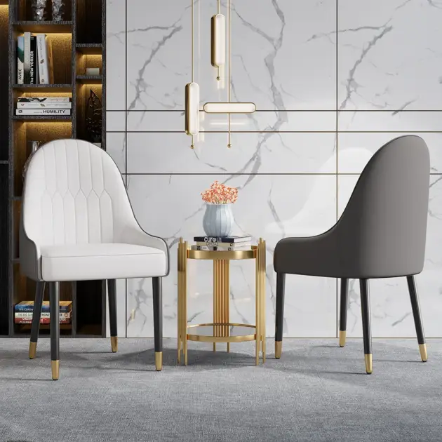 Darg Modern PU Leather Dining Chairs Set of 2 in White & Grey with Metal Legs