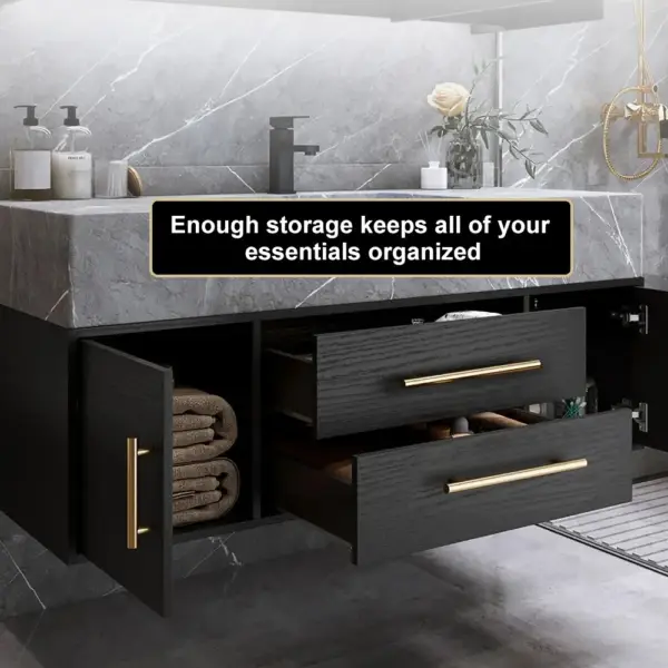 Modern 1000mm Floating Black Bathroom Vanity Stone Top Wall Mounted Bathroom Cabinet - Image 17