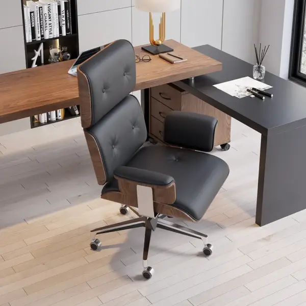 Modern Black Home Office Chair Swivel Upholstered Wooden Desk Chair Adjustable Height - Image 8