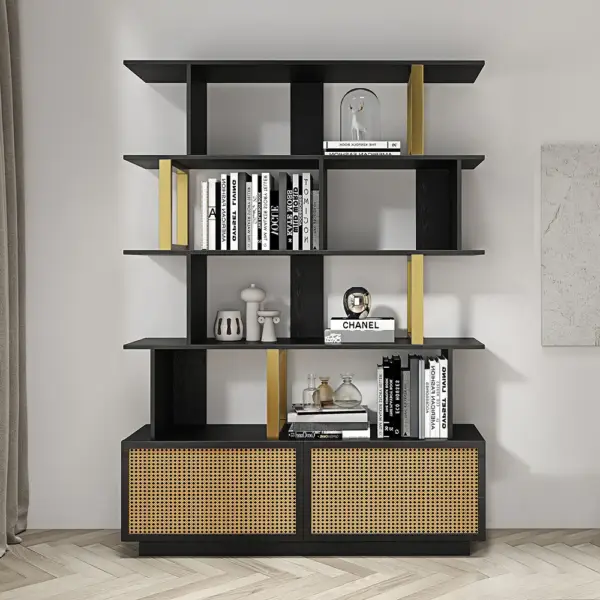 5-Tier Black Wood Bookshelf with 2 Doors Modern Bookcase in Gold Finish - Image 3