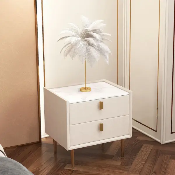 Nightstand Set of Two Modern PU Leather Bedside Table with 2 Drawers & Gold Metal Legs - Image 2