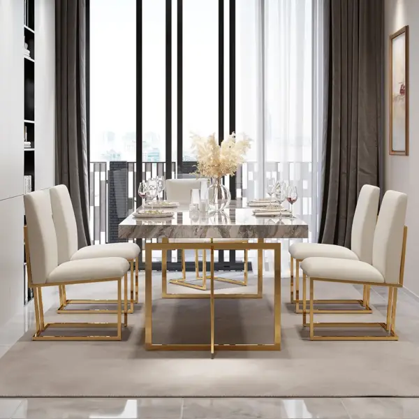 Modern Linen Dining Chair Upholstered in Beige Stainless Steel Leg Gold (Set of 2) - Image 7