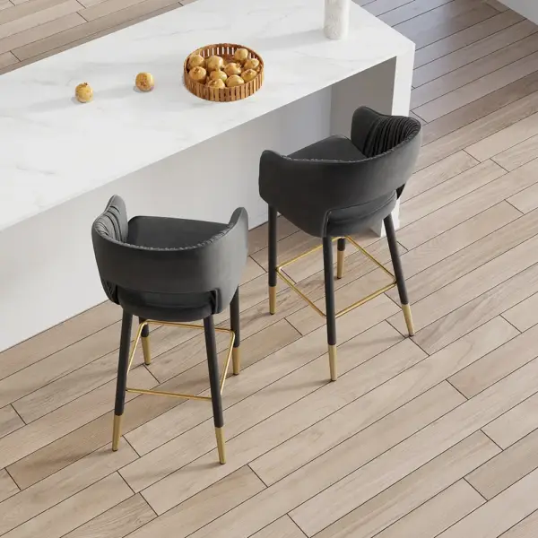 Modern Gray Velvet Upholstered Bar Stool with Low Back & Footrest - Image 3
