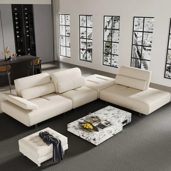 3420mm White Leather Lounge Deep Seat Sectional Sofa with Adjustable Armrest & Backrest - Image 5