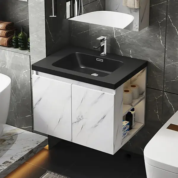 700mm Faux Marble Wall-Hung Bathroom Vanity with Top Stone Slate Countertop & Basin - Image 9