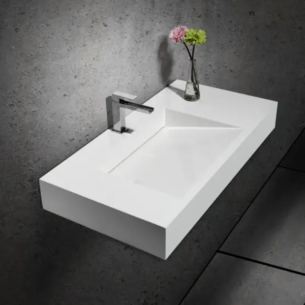 1000mm Wall-Hung Stone Resin Rectangle Bathroom Ramped Basin in Matte White