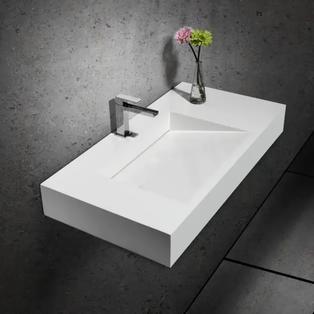 1000mm Wall-Hung Stone Resin Rectangle Bathroom Ramped Basin in Matte White