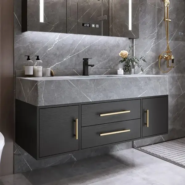 Modern 1000mm Floating Black Bathroom Vanity Stone Top Wall Mounted Bathroom Cabinet - Image 18