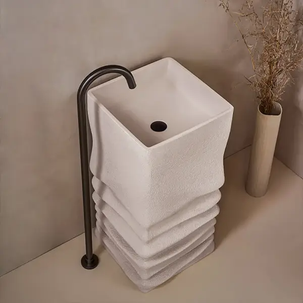 850mm Tall Japandi Stone Resin Pedestal Bathroom Basin Freestanding Basin in Beige - Image 2