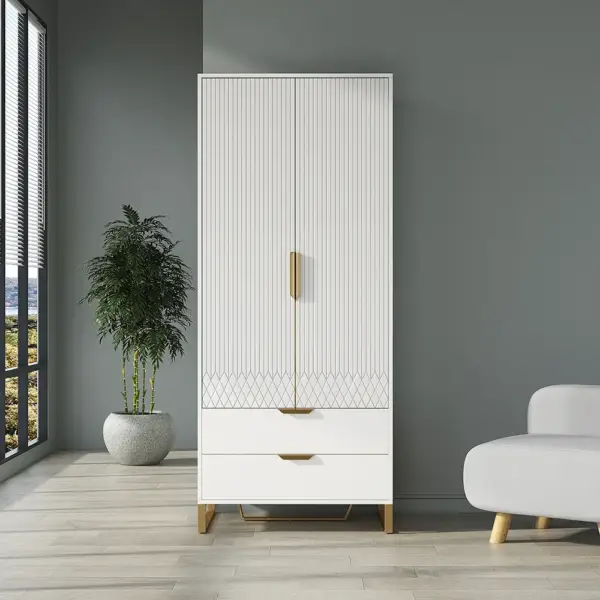 Aro Modern White Tall Wardrobe with Storage Bedroom Clothing Armoire - Image 2