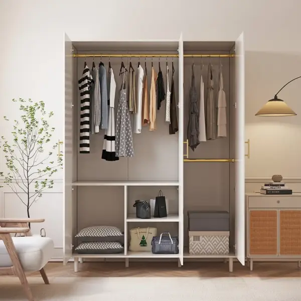 Rattan White 3 Door Bedroom Clothing Armoire Wardrobe with Shelves - Image 4