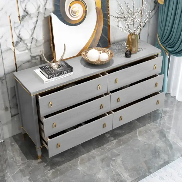 Modern Gray Dresser Chest of 6 Drawers Cabinet in Gold - Image 2