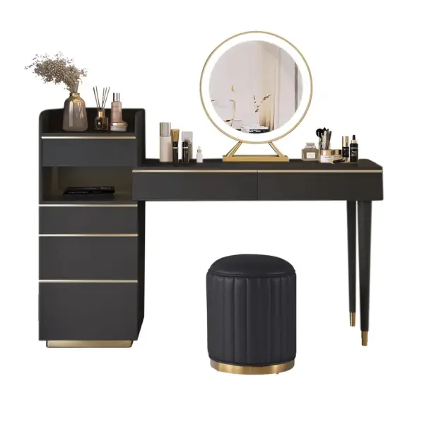 Modern Black Makeup Vanity Set Dressing Table with Lighted Mirror Cabinet & Stool - Image 6