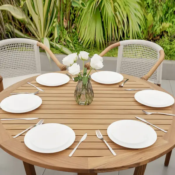 Modern Round Teak Wood 6 Person Outdoor Patio Dining Table in Natural - Image 3