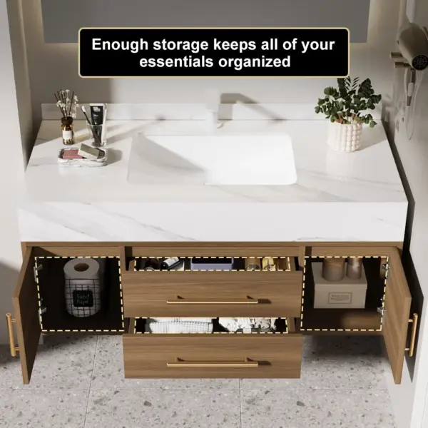 1000mm Walnut Floating Bathroom Vanity Set Stone Top Wall Mounted Bathroom Cabinet - Image 15