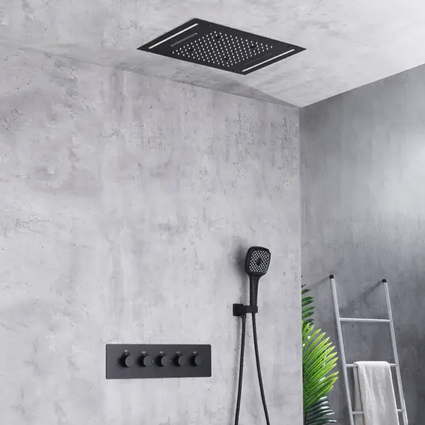 Wall-Mounted 500mm Shower Set Rainfall 4 Functions Thermostatic in Matte Black - Image 10