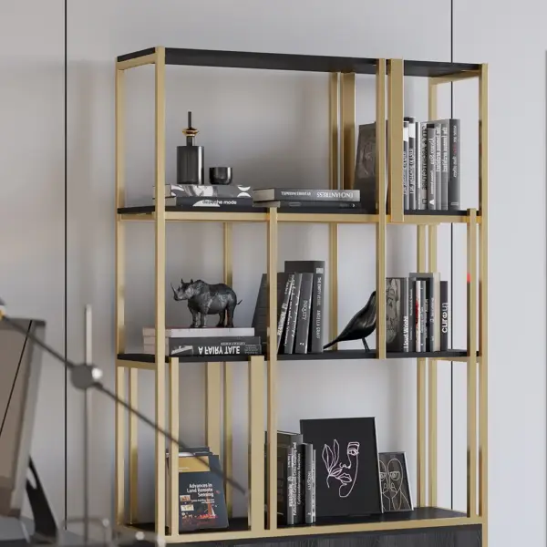 2000mm 5-Tier Black & Gold Bookshelf with 2 Doors Storage Cabinet - Image 7