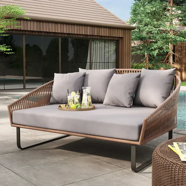 63" Rattan Outdoor Daybed with Grey Cushion Pillow Aluminum Frame - Image 8