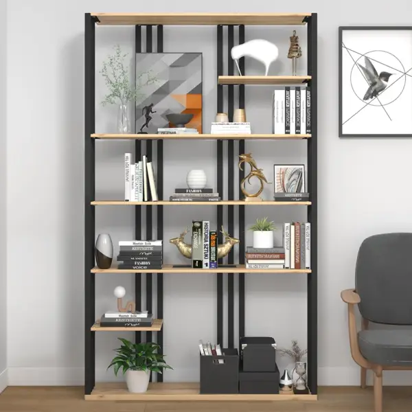 2000mm Modern Natural Etagere Bookcase 6-Tier Bookshelf Display in Black Finish - Image 4