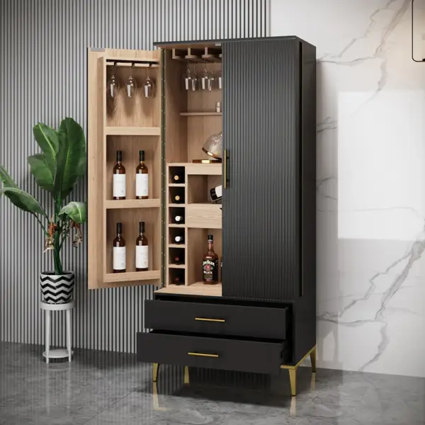 Black Bar Cabinet with Door Modern Storage Home Bar Cabinet with Glass Rack&Drawers - Image 2