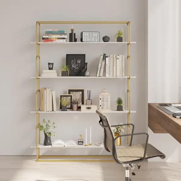 1800mm Modern White Tall Freestanding Wooden Office 4 Shelves Etagere Bookcase in Gold - Image 2