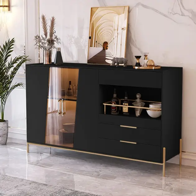 Dolawn Modern 1400mm Black Sideboard Buffet Tempered Glass Doors & Shelf Tray Wine Rack