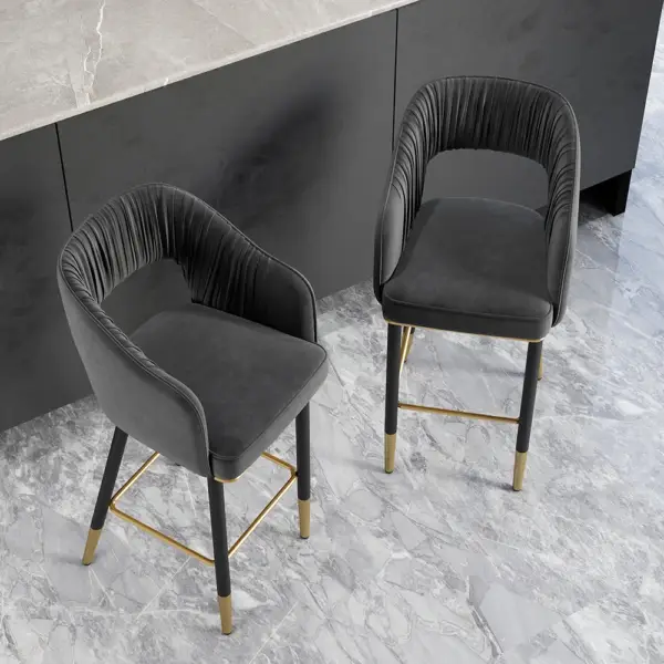 Modern Gray Velvet Upholstered Bar Stool with Low Back & Footrest - Image 2