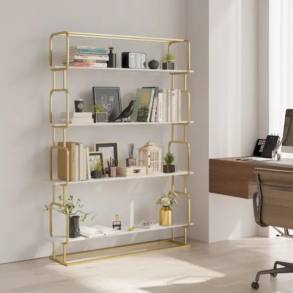 1800mm Modern White Tall Freestanding Wooden Office 4 Shelves Etagere Bookcase in Gold - Image 3