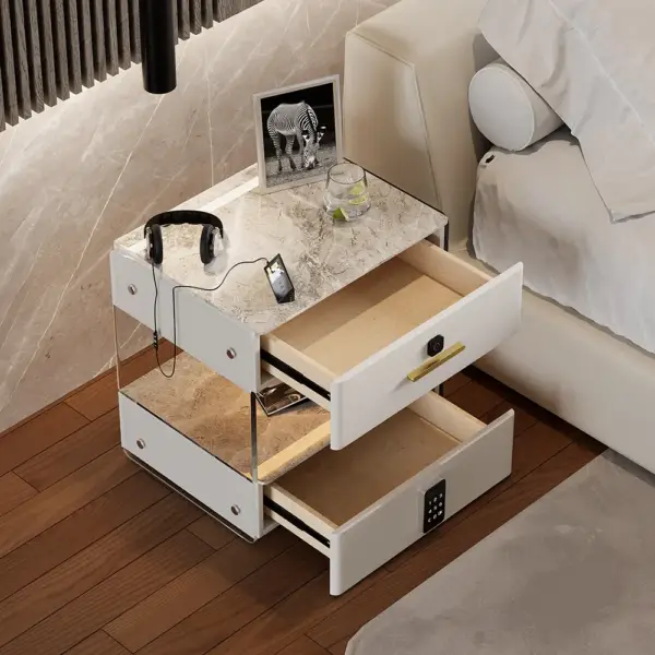 Modern White Smart Leather Nightstand with Light & Sintered Stone Top & Fingerprint Lock - Image 5