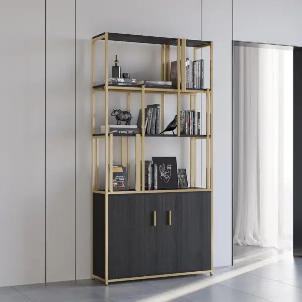 2000mm 5-Tier Black & Gold Bookshelf with 2 Doors Storage Cabinet - Image 2