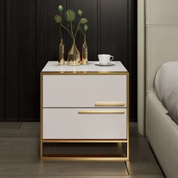 Nightstand Set of 2 White Square Bedside Table with 2 Drawers Minimalist Design in Gold - Image 8