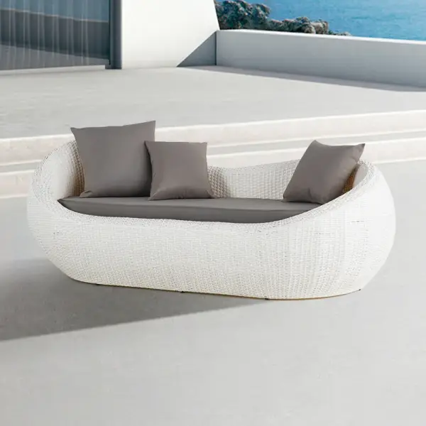 White Woven Rattan Round 1910mm Outdoor Sofa with Cushion & Pillow and Curved Back - Image 4