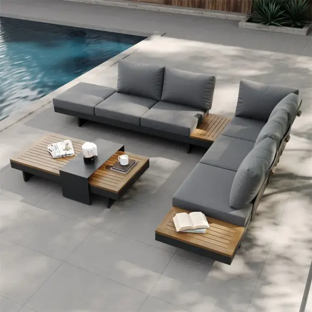 4 Pieces Modern L Shape Outdoor Sectional Sofa Set with Wood Coffee Table in Gray